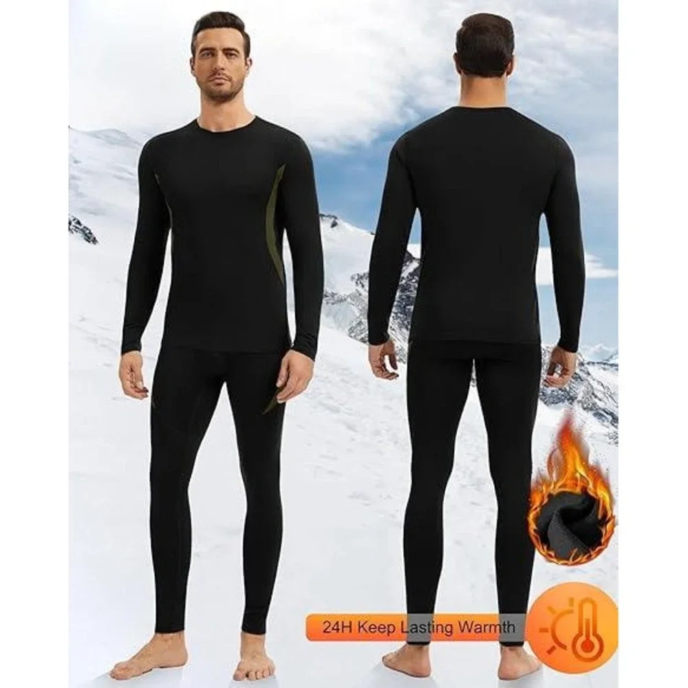Mens Thermal Base Layer Set Micro Fleece Lined Long Johns Black Olive Size Large
